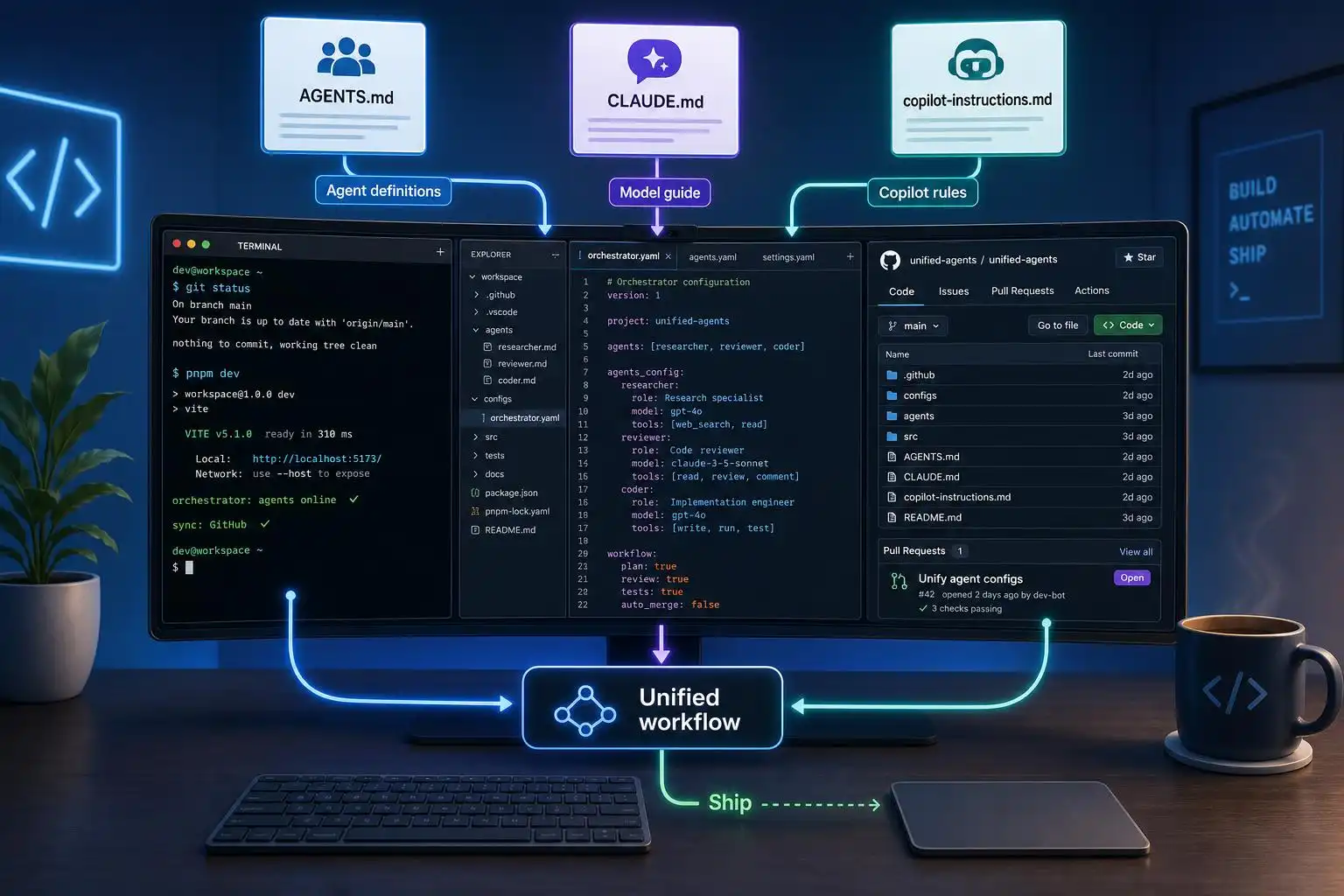 One config to rule them all: AGENTS.md, CLAUDE.md, and Copilot instructions for a sane multi‑agent workflow